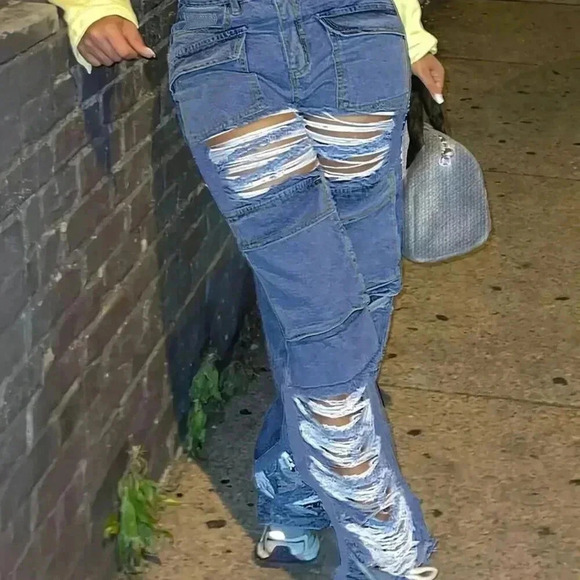 Distressed Cargo Loose Denim Pants (Color: Medium Blue) - Picture 1 of 2